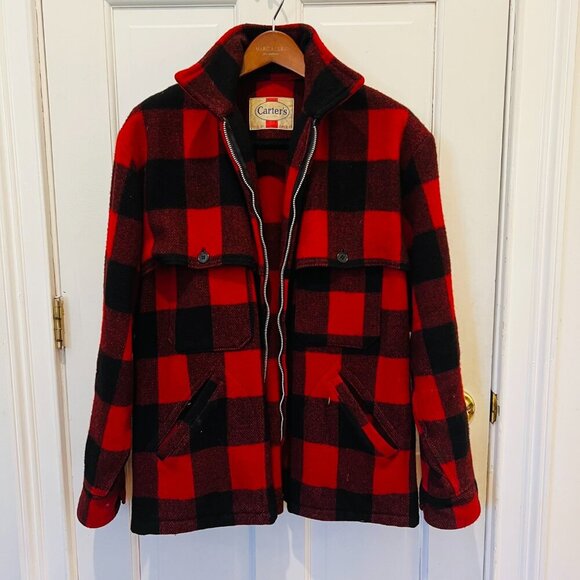 Vintage 40s Men’s Carter’s Red Black Buffalo Plaid Wool Work Wear Jacket Coat M - Picture 11 of 16